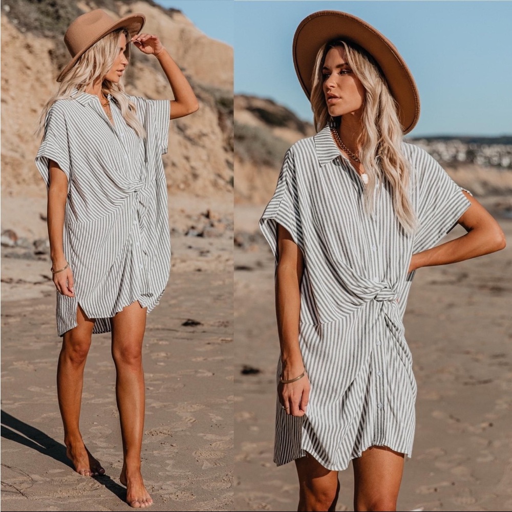 Striped shift dress with knot in middle